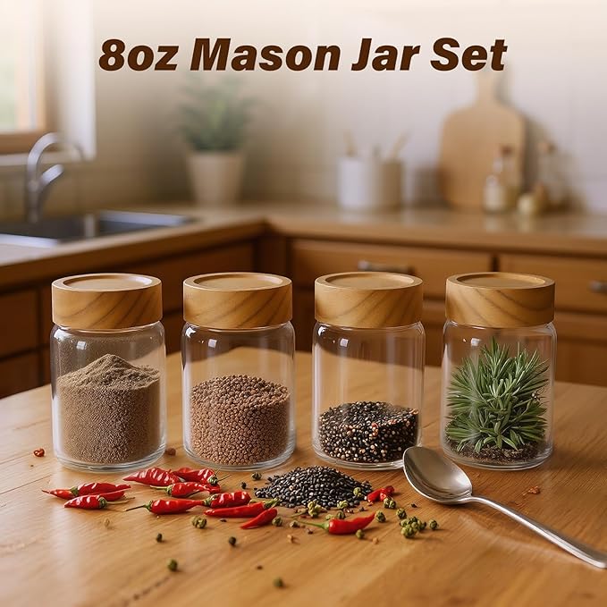 Zoaiirte 6pc 8oz Glass Mason Jars with Acacia Wood Airtight Lids - Food Storage Container Set, Clear Stackable Leakproof Kitchen Canisters for Meal Prep/Snack Organization/Spice Storage