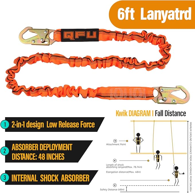 QFU Full Body Safety Harness & Fall Protection Kit with Padded Straps, ANSI Compliant, Includes Shock-Absorbing Lanyard for Roofing, Construction and Industrial Use