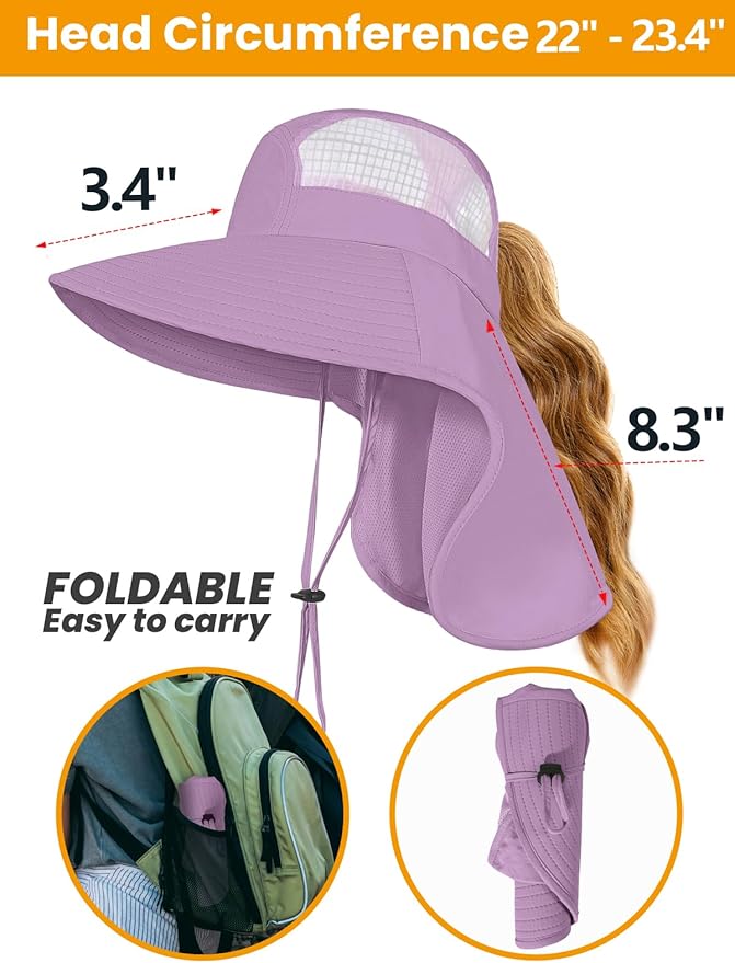 Sun Hats for Women UV Protection with Neck Flap Wide Brim Beach Hats with Ponytail Hole for Hiking Fishing Gardening Travel