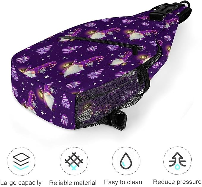 SWEET TANG Cool Sling Backpack for Men Women, Multipurpose Crossbody Shoulder Bag Gnome Purple, Travel Hiking Zippered Daypack, Adjustable and Breathable