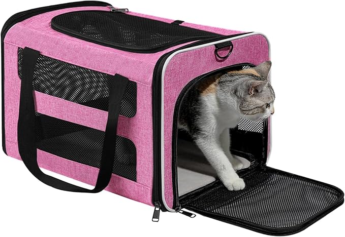 Cat Carrier Soft-Sided 18x11x11 Inch Travel Bag for Medium Cats Over 15lbs, Small Dog Carrier Crate Top Entry Breathable Mesh Puppy 12 Pounds, Pet Rabbit Carrying Cage Kennel Collapsible Pink