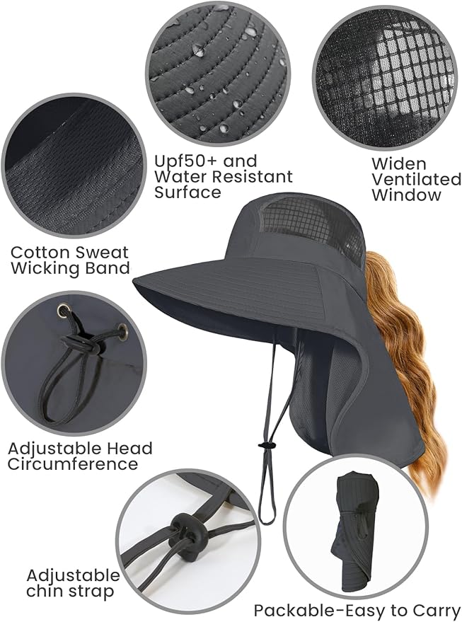Sun Hats for Women UV Protection with Neck Flap Wide Brim Beach Hats with Ponytail Hole for Hiking Fishing Gardening Travel