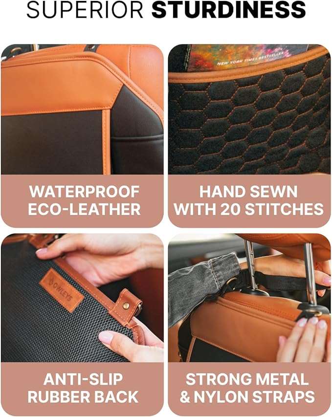 Owleys Car Seat Organizer Backseat Back Organizers & Storage Of Automotive Seatback Toy Organization For Kids Black Brown Tan 2 pc