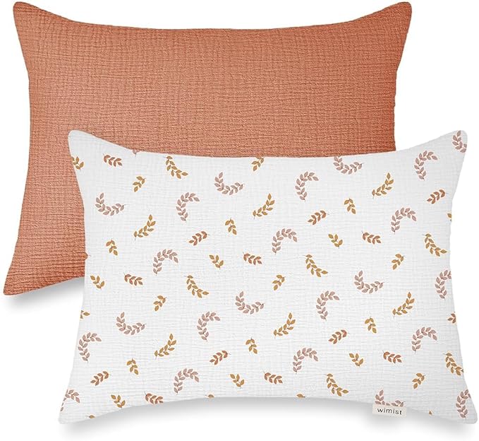 Toddler Pillowcases for 14"x20" Pillow 2 Pack, Muslin Small Toddler Baby Kids Travel Pillow Covers for Boys Girls with Envelope Closure (Brick & Leaf, 14 x 20 Inch)