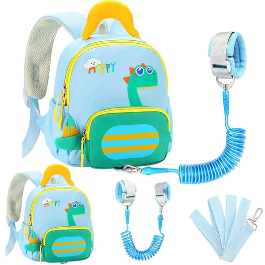 Accmor Toddler Leash Backpack with Anti Lost Wrist Link, Cute Dinosaur Bag Children Safety Walking Harness with Removable Little Pouch, Kids Travel Essential Mini Back Pack with Tether for Baby Boys