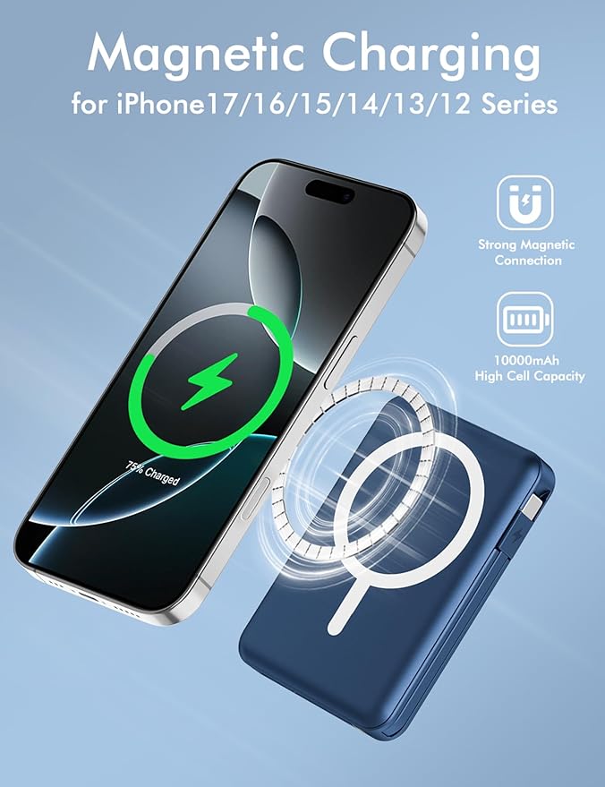 podoru for Magsafe Battery Pack, 10000mAh Magnetic Power Bank Built-in Double USB C Cables 22.5W PD Fast Charging LED Display Wireless Portable Charger for iPhone 17/16/15/14/13/12 Series-Navy Blue