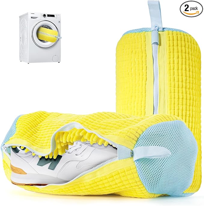Shoe Washing Machine Bag – Reusable Laundry Shoe Bags for Washer and Dryer, Durable Chenille Microfiber with 360° Cleaning, Hidden Zipper Design for Sneakers, Tennis Shoes, Yellow, 2-Pack