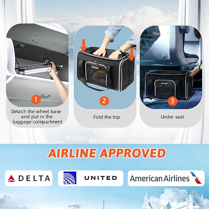 Petskd Top-Expandable Pet Carrier with Wheels 18x11x11 Inches Delta American United Airline Approved, Soft-Sided Carrier for Small Cats Dogs with Locking Safety Zippers and Anti-Scratch Mesh(Black)