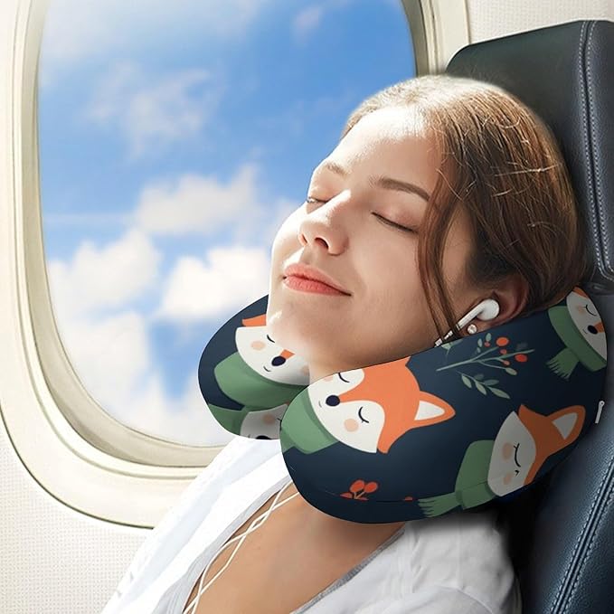 Memory Foam U-Shaped Travel Pillow Neck Pain Relief, Cute Fox U-Shape, Removable Cover Airplane Car Office