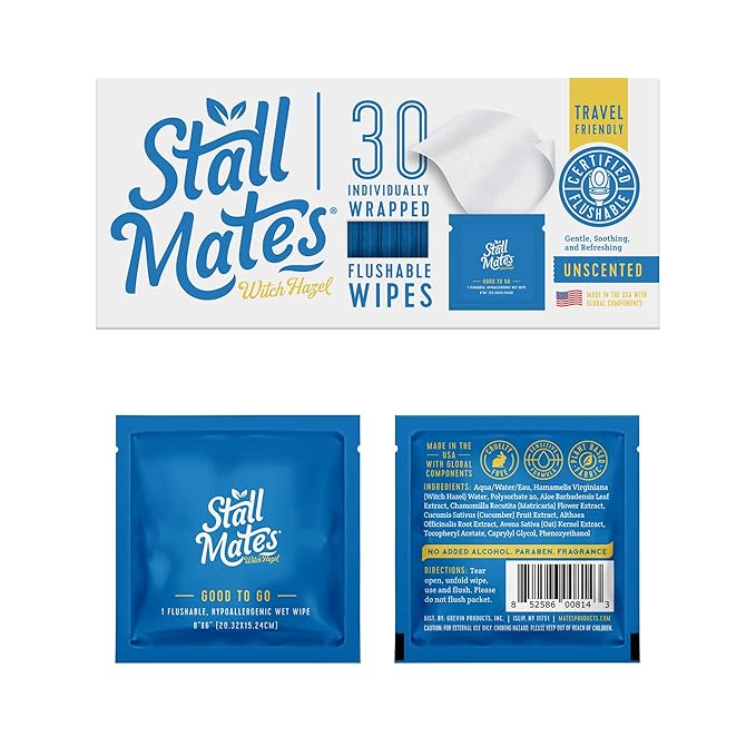Stall Mates Wipes Witch Hazel: Flushable Wipes | Individually Wrapped | Travel Friendly | Soothing Witch Hazel | Unscented with Cucumber, Aloe and Chamomile | (30 on-the-go singles)