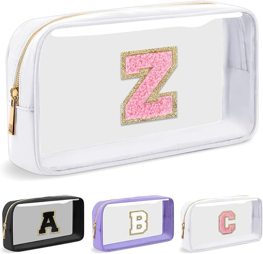 Personalized Initial Letter Clear Makeup Bag,Preppy Small Nylon&PVC Cosmetic Zipper Bag with Chenille Letter,Travel Skincare Toiletry Bag,Monogram Christmas Gift for Teen Girls Women,Z