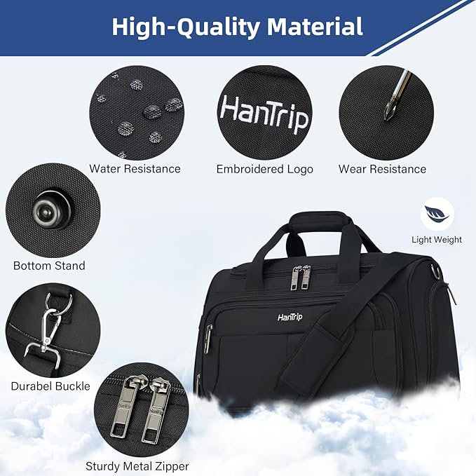 HanTrip Carry on Duffel Bag Foldable Duffle Bags for Travel, Under Seat Personal Item Bags for Airplanes, Weekender Overnight Mens Travel Tote Bag for Women Small Softside Carry on Luggage (Black)