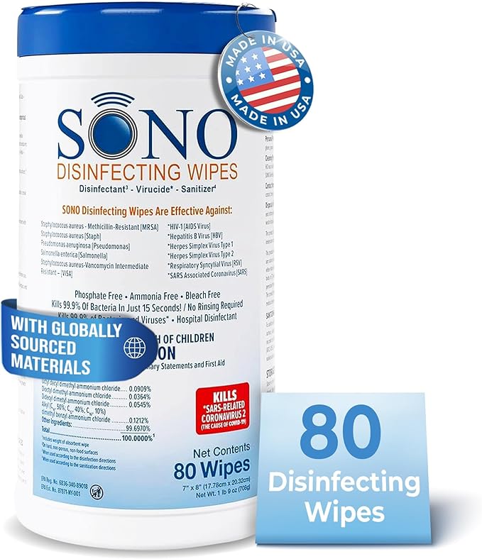 SONO Disinfecting Wipes - Alcohol-Free, No Bleach, Medical-Grade I Multi-Surface Cleaning for Home, School, Office, Hospital, Gym I Gentle on Electronic Devices I Everyday Use I 80 CT