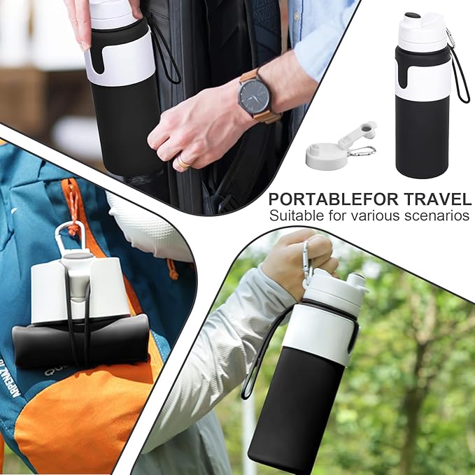 Collapsible Water Bottles for Travel - 26oz BPA-Free Foldable with Carabiner, Lightweight Leak-Proof Design, Portable Reusable Bottle for Hiking, Airplane, Camping (Black)