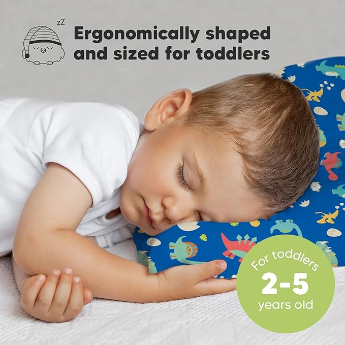 Toddler Pillow with Pillowcase - 13x18 My Little Dreamy Kids Travel Bed Pillows for Sleeping, Organic Cotton Small Pillowcase, Soft & Breathable, Machine Washable, Toddlers 2-5 years old (DinoWorld)