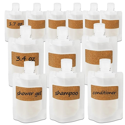 TailaiMei 12 Pieces Travel Pouches for Toiletries, TSA Approved Portable Travel Size, Refillable Stand Up Pouch for Shampoo/Conditioner/Lotion (1.7 &3.4 oz)