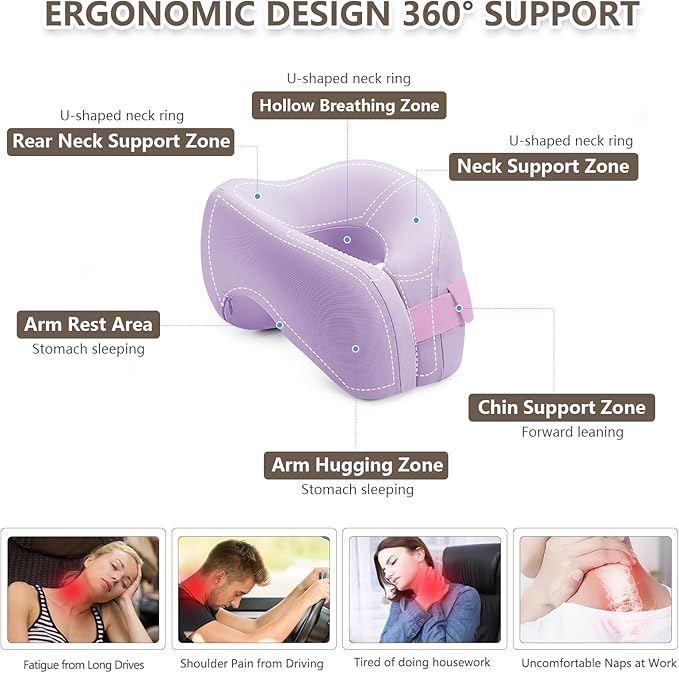 2in1 Ergonomic Memory Foam Travel Neck Pillow – Travel Pillow for All Sleep Positions on Flights, Road Trips, and Long Distance Travel with Drawstring Bag (Adjustable - Lavender)