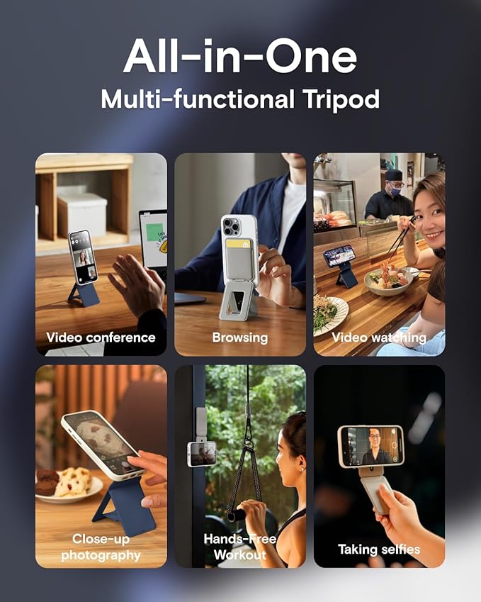 MOFT Phone Tripod Wallet for iPhone, Mulit-Angles, Lightweight & Portable Phone Stand, MOVAS Vegan Leather Magnetic Wallet, Strong Magnets, NFC Card Holder,Travel Essential, Navy Blue (With Card Slot)