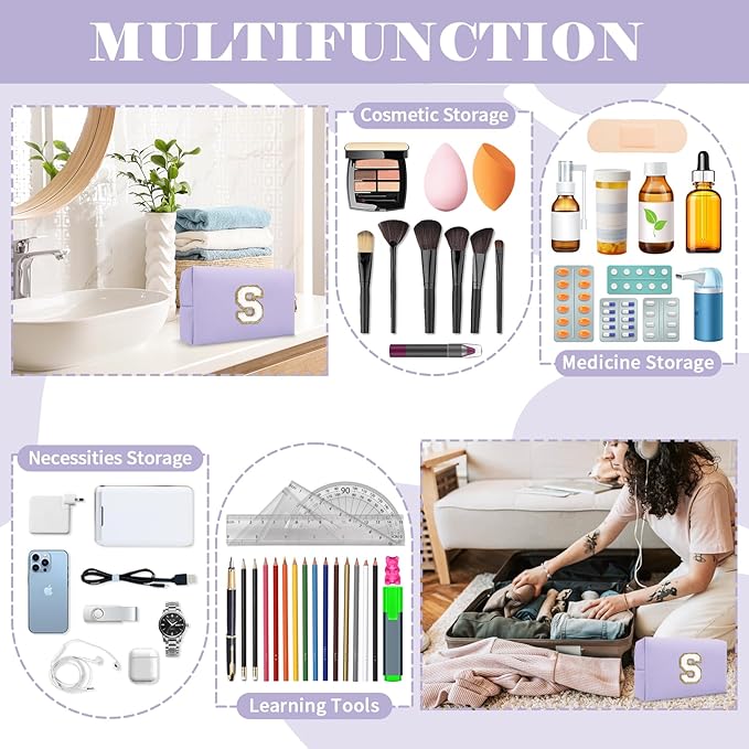 Personalized Makeup Bag Initial A-Z Preppy Patch Bag,Small PU Leather Travel Cosmetic Bag Pouch with Zipper,Purple Cute Toiletry Bag,Gift Ideal for Teen Girls Women Birthday Friend Mom,Latter S