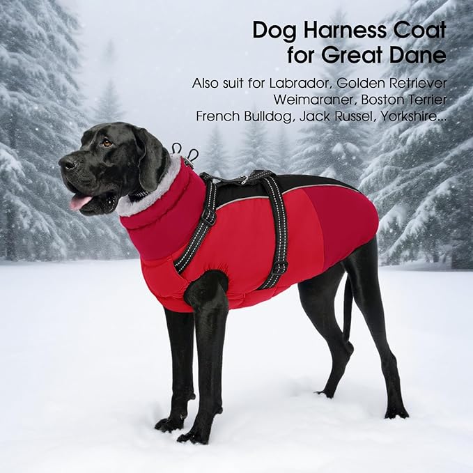 SUNFURA Dog Winter Coat, Warm Dog Coat with Harness for Medium Dogs Boys Girls, Reflective Fleece Lined Pet Winter Jacket Snowsuit for Pug, Jack Russel, Schnauzer, Red M
