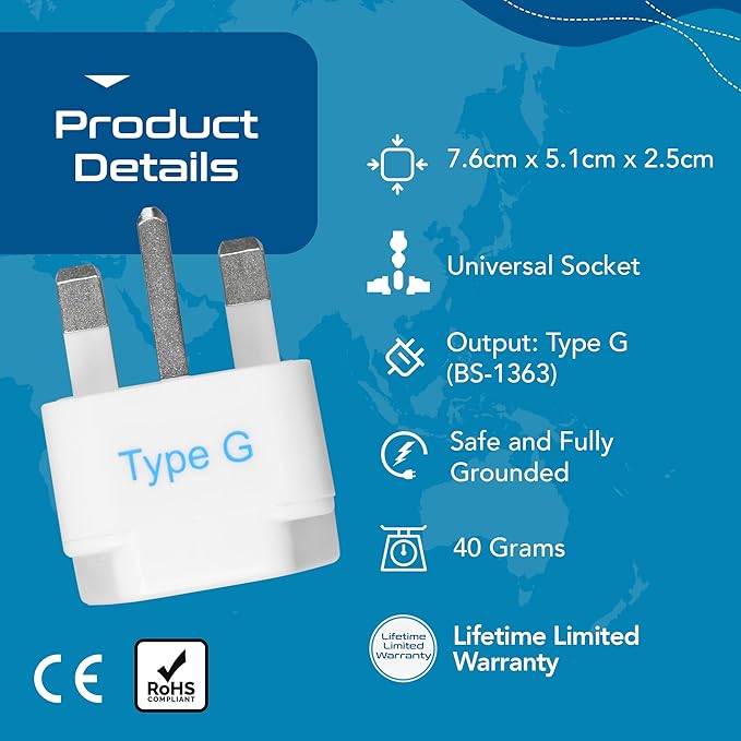 Ceptics UK, Hong Kong, Ireland, UAE Travel Plug Adapter (Type G) - 3 Pack [Grounded & Universal] (GP-7-3PK), White, Standard