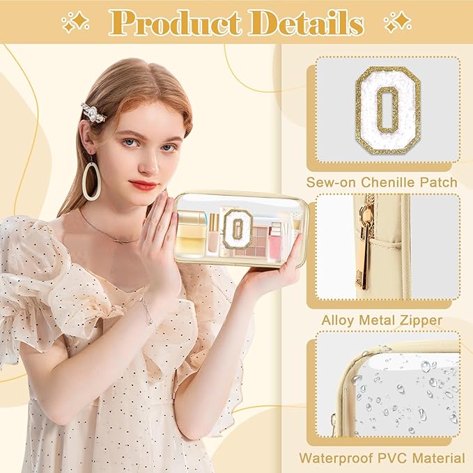 Personalized Initial Letter Clear Makeup Bag,Preppy Small Nylon&PVC Cosmetic Zipper Bag with Chenille Letter,Portable Beach Travel Skincare Toiletry Bag,Trendy Monogram Gift for Teen Girls Women,O