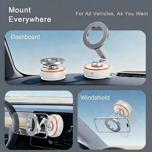 Vacuum Magnetic Car Phone Mount, 120+ LB Vacuum Suction & 3000gf Magnetic Force, 360° Triple-Axis Adjustable Car Holder for iPhone & All Phones, Twist-Lock Suction Cup, Quick-Release – White