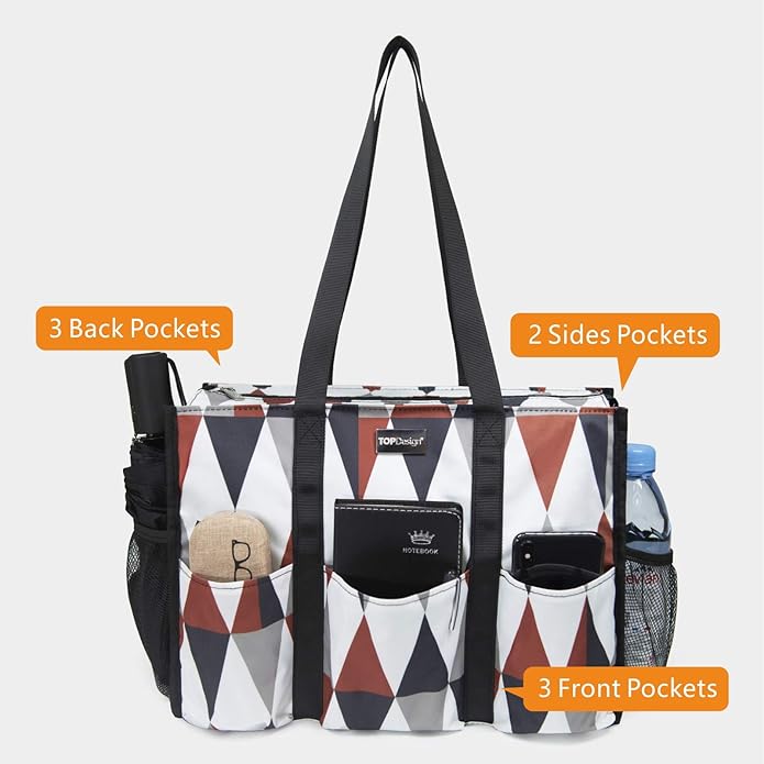 TOPDesign Utility Water Resistant Tote Bag with 13 Pockets, Top Zipper Closure & Thick Bottom Support, for Working Women