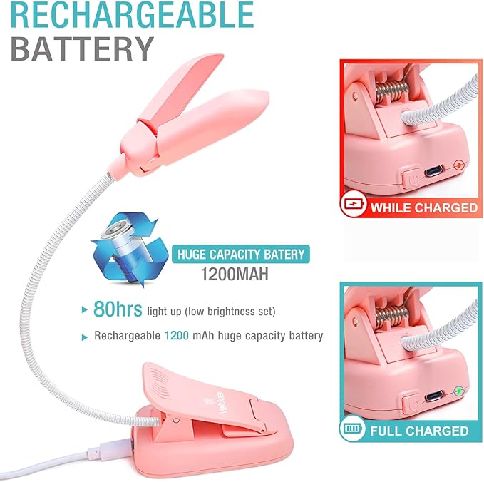Vekkia 14 LED Rechargeable Book Light for Reading at Night, Eye-Care Reading Light for Books in Bed, 180° Adjustable, Clip on Lamp, 3 Color Temperatures, Lightweight, Present for Reader