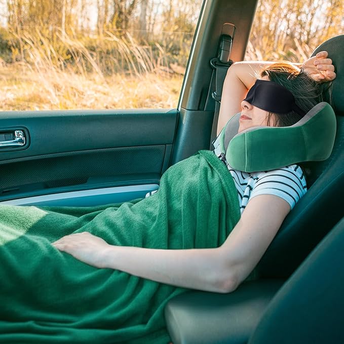 Travel Pillow and Blanket Set Neck Pillows Travel Essentials with Sleep Mask for Airplane Car Memory Foam Green