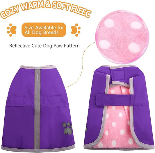 Queenmore Dog Winter Coat, Cold Weather Fleece Jacket for Dogs, Waterproof Reflective Reversible, for Small, Medium and Large Dogs (Purple, XL)