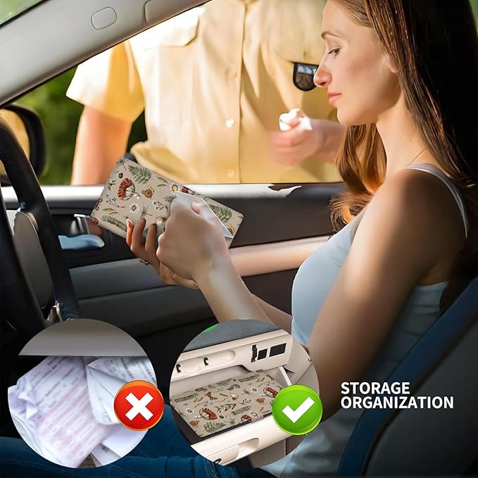 Leather Car Registration and Insurance Card Holder, Cute Car Accessories Vehicle Glove Box Car Organizer for Documents, Cards, License Cute Boho Mushroom