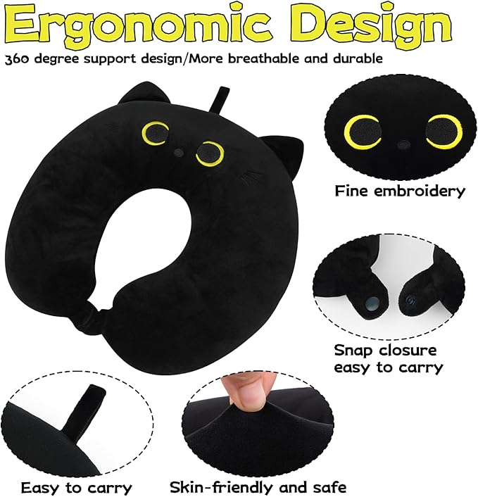 Kids Travel Pillow, Black Cat Cartoon Headrest & Neck Pillow for Kids Boys, Soft U Shaped Travel Pillow for Kids,Airplanes, Cars, Long Trips, Home