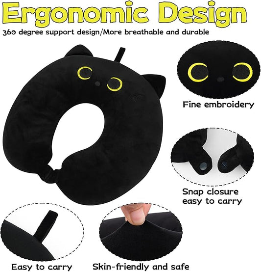 Kids Travel Pillow, Black Cat Cartoon Headrest & Neck Pillow for Kids Boys, Soft U Shaped Travel Pillow for Kids,Airplanes, Cars, Long Trips, Home