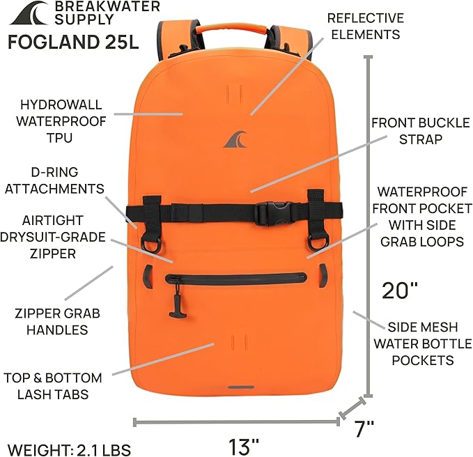 Breakwater Supply™ Waterproof IP68 Submersible Backpack with Airtight Zippers | Laptop Travel Outdoors | Fogland 25L 20L 15L