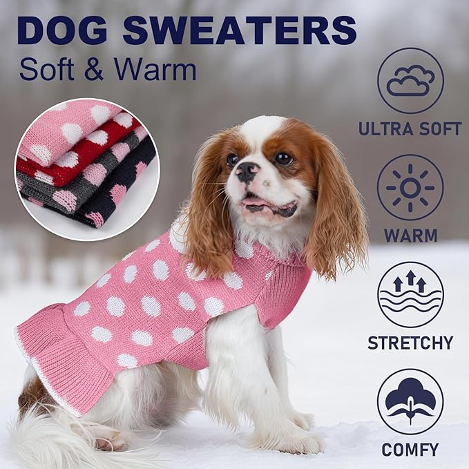 KYEESE Valentines Dog Sweater Dress, Warm Dog Sweaters for Small Medium Dogs Girl, Cozy Pullover Dog Clothes Pet Apparel with Leash Hole, Pink Dot, XL
