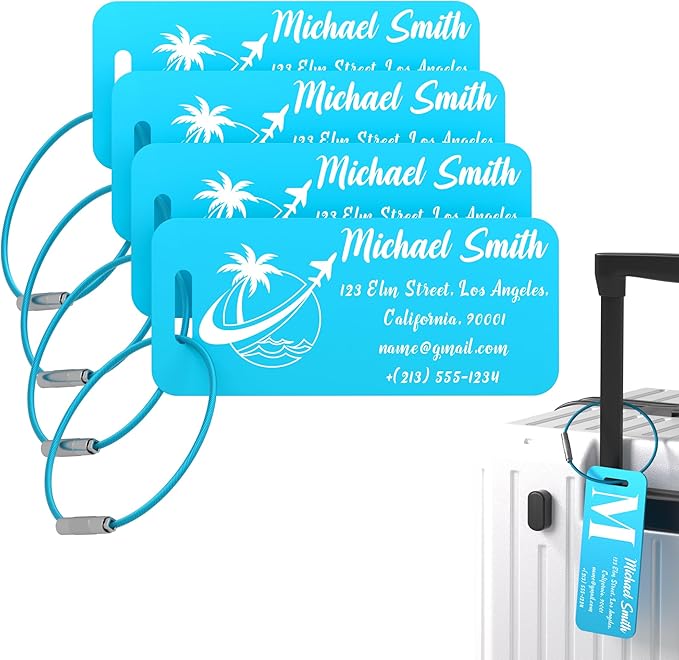 4 PCS Personalized Luggage Tags for Suitcase, Custom Engraved Aluminum Luggage Tags with Your Personalized Text Logo, Metal Name Tags with Steel Loop for Bag, Suitcase, Backpack (Lake Blue, Small)