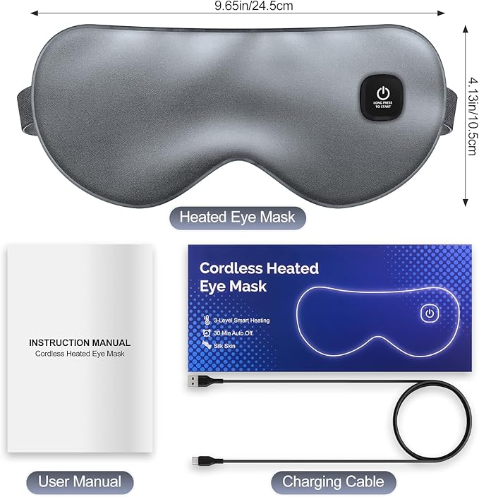 Cordless Heated Eye Mask for Dry Eyes, Blocking Light Warm Compress Rechargeable, 1000mAh Electric Eye Heating Pad for Sleeping, Washable Silk Heat Sleep Mask with 3 Temperature Settings, Grey