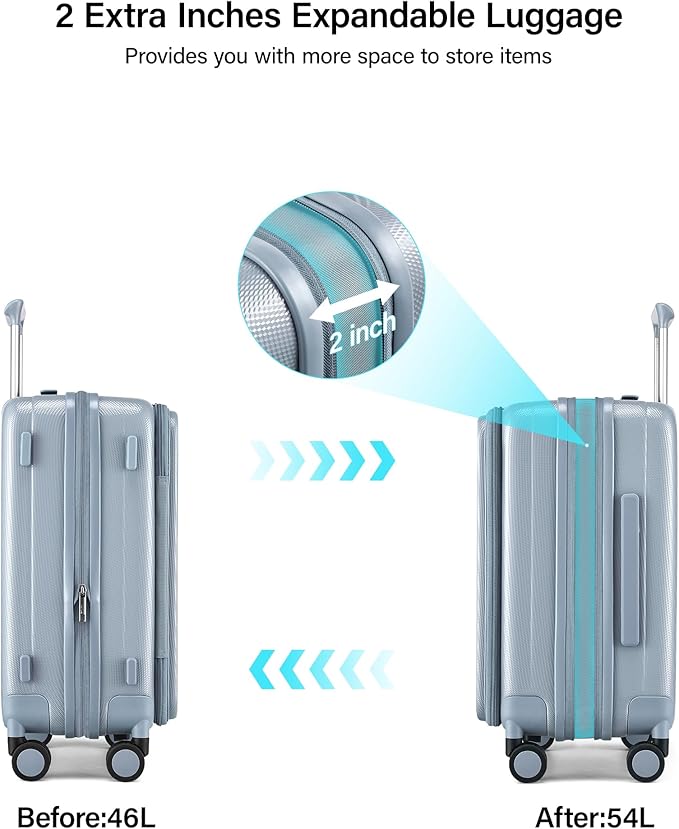 Hanke 20 Inch Expandable Carry On Luggage Airline Approved Top Opening Hard Shell Suitcases with Wheels Lightweight Travel Luggage Carry On Suitcase for Woman Men-Grey
