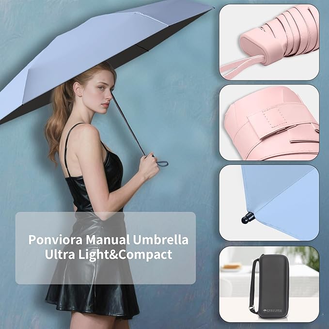 Compact Mini Windproof Travel Umbrella-UPF 50+ Sun & Rain Protection, Small Folding Design Fits in Pocket or Purse, Lightweight Portable with Case for Women, Men & Kids