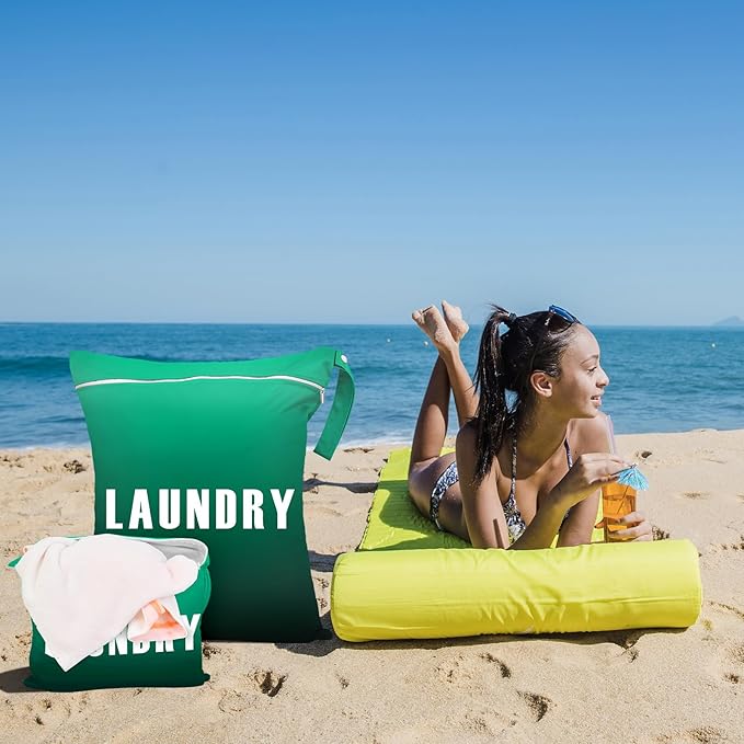 2 Pcs Large Travel Laundry Bags - Waterproof Wet/Dry, Washable, Dirty Clothes, Bathing Suit, Workout, Gym Clothes, Swimming, Yoga (Green+Dark Green)
