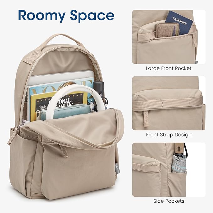 G4Free Small Nylon Backpack for Women Men, Lightweight Backpack Daypack for Travel Work Hiking, Khaki