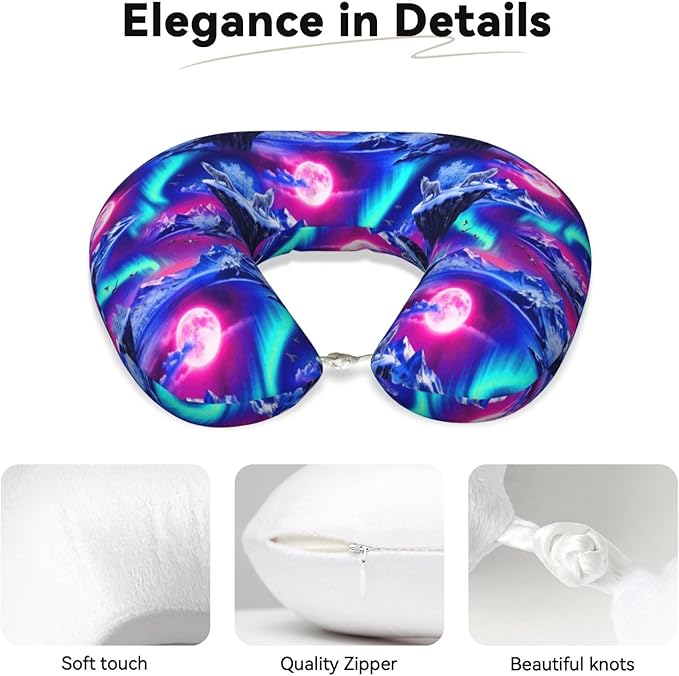 Neck Travel Pillow, Breathable Memory Foam Chin & Head Support Cushion Full Moon Wolves Aurora Art for Airplane Car Sleeping Rest