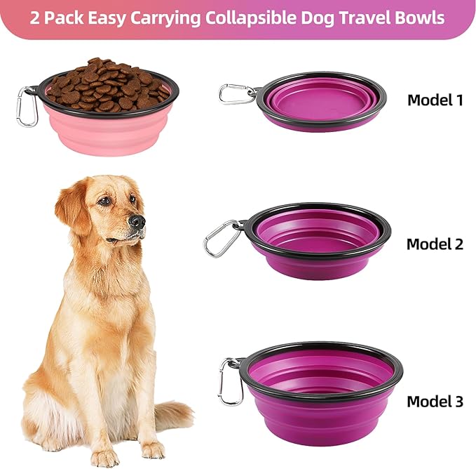 Kytely Large Collapsible Dog Bowls 2 Pack, 34oz Foldable Dog Travel Bowl, Portable Pet Water Food Bowl with Clasp, Pet Cat Feeding Cup Dish for Traveling, Walking, Hiking (Pink+Purple)