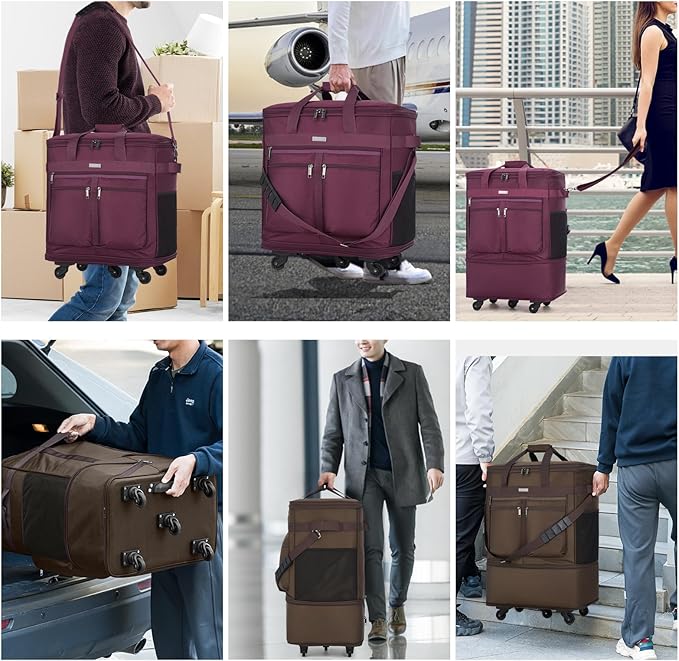 MILADA Expandable Luggage Bags for Travel Foldable Suitcase with Wheels Collapsible Rolling Travel Duffle Bag Lightweight Large Suitcases without Telescoping Handle, Coffee