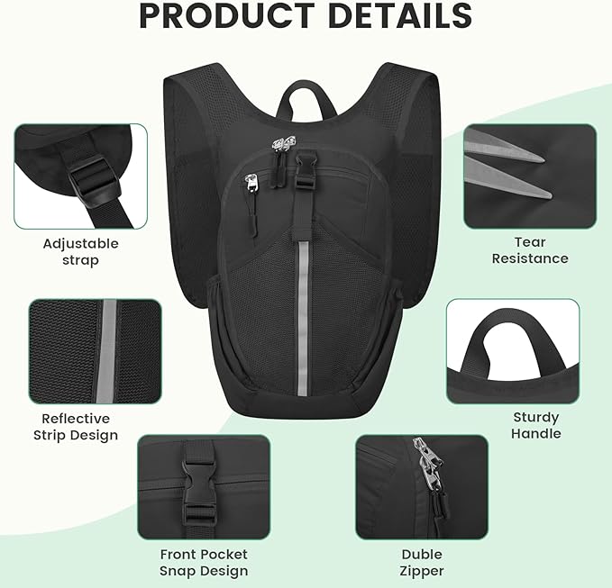 Small Hiking Backpack 10L - Lightweight Packable Foldable Backpack for Travel Camping Outdoor Commute, Compact Rucksack for Women Men(Black)