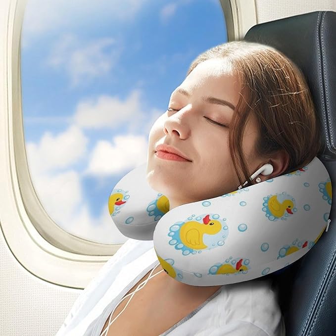 Cute Decorative Travel Neck Pillow Memory Foam Chin Cushion Cute Funny Cartoon Yellow Rubber Ducks Bubbles, Washable Cover for Women Airplane Car Home Sleeping Rest
