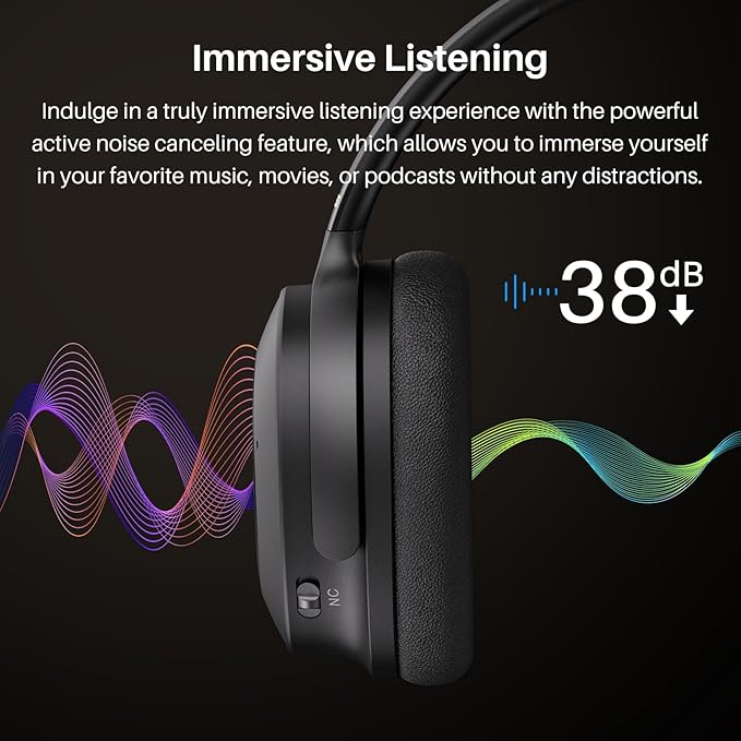 TOZO Hybrid Active Noise Cancelling Headphones, Wireless Over Ear Bluetooth Headset, 40H Playtime, Hi-Res Audio Custom EQ via App Deep Bass Comfort Fit Ear Cups, for Home Office Travel Black