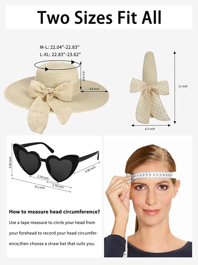 Senker Fashion Sun Hats for Women, Wide Brim Floppy Beach Straw Hat for Summer Travel Vacation Foldable with Sunglasses