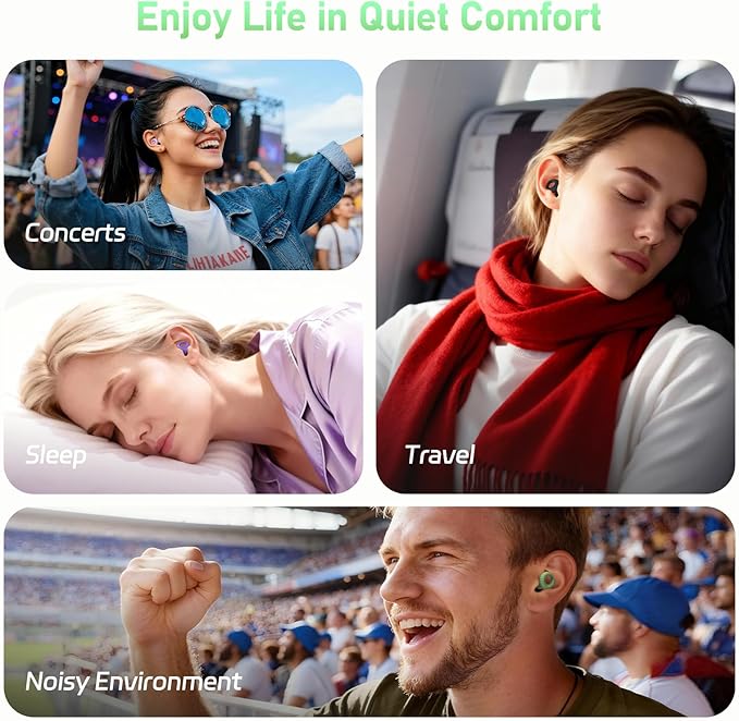 Reusable Ear Plugs for Sleep, Concerts & Noise Reduction – Comfortable Silicone Noise Cancelling Earplugs, Washable Hearing Protection – 4 Pairs, Black + Green
